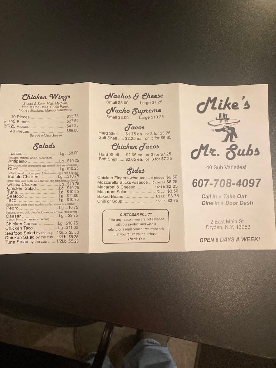 Alternate printed menu photo for Mike's Mr. Subs with sub categories and business details