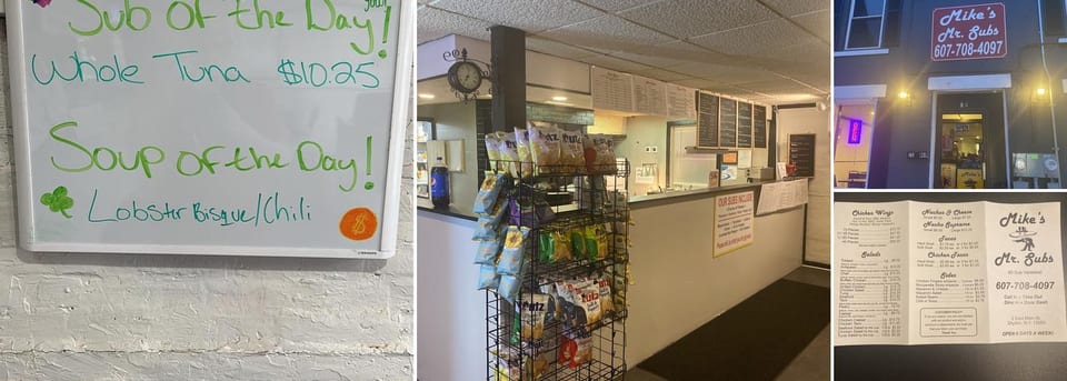Shop counter and menu-board area from a Mike's Mr. Subs listing photo
